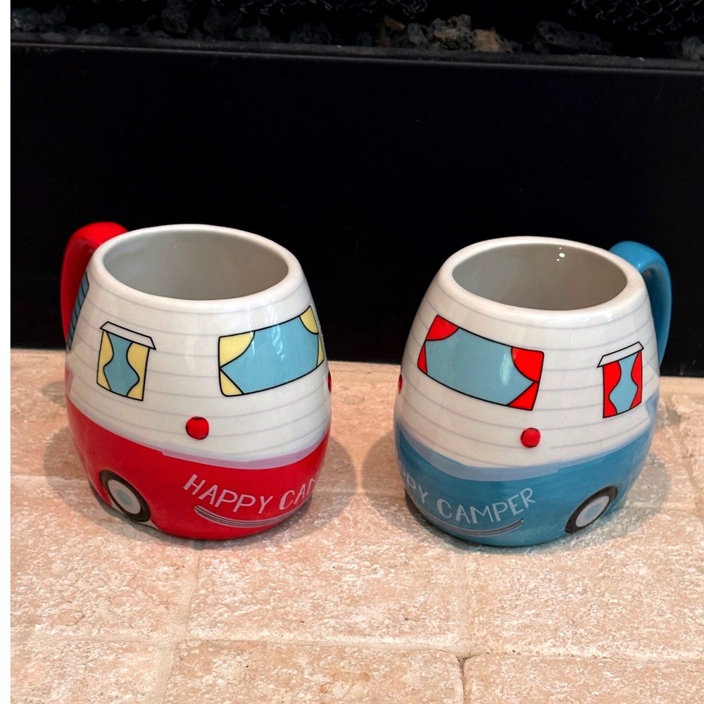 Bass Pro Shops Happy Camper Mug Set 16oz Vintage Trailer RV Red Blue Ceramic 2pc